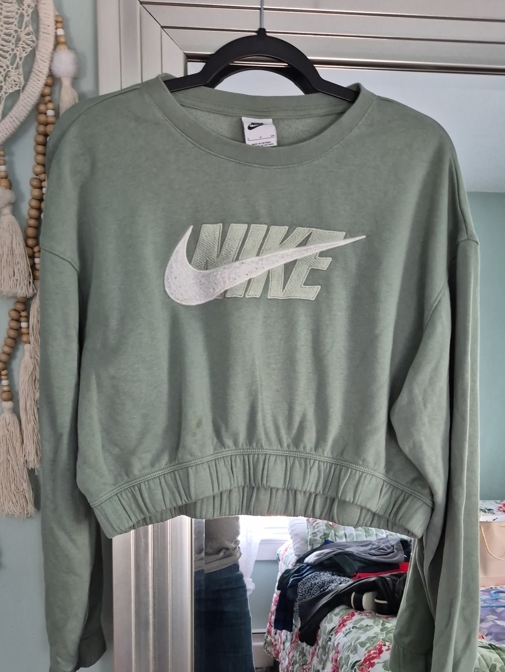 Nike Sage Green Cropped Crew Sweatshirt with White Logo